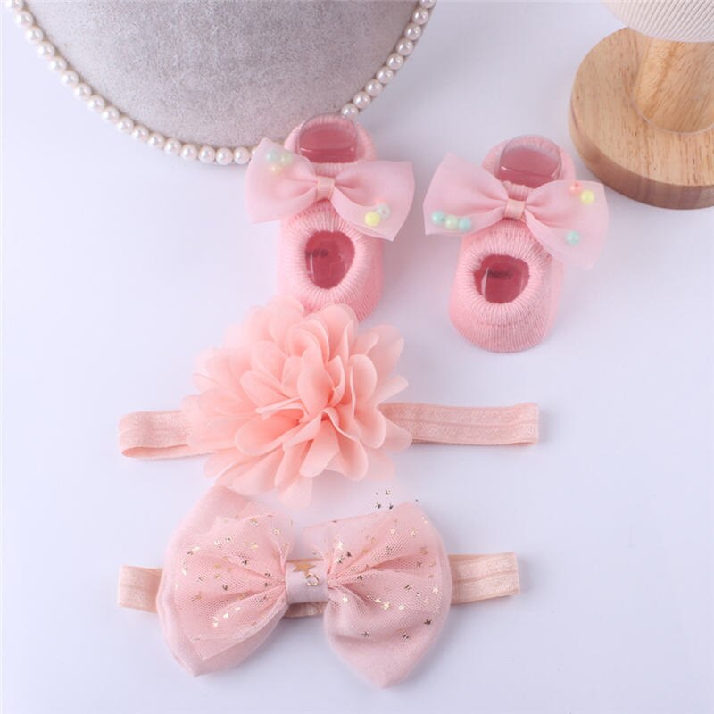 Prinzessinnen-socken- und haarband-einstellen für babys und kleinkinder, atmungsaktive spitze, pailletten, schleife, haarband mit blumenmuster, 3 -teilig