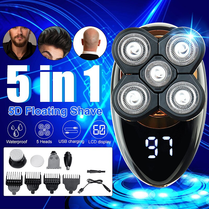 5-en-1 5D rasoir électrique USB Rechargeable IPX5 étanche visage nettoyant tête chauve polonais tondeuse à cheveux tondeuse pour hommes femmes