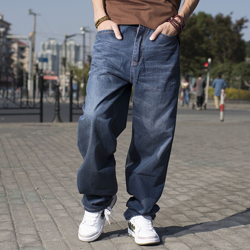 Japanske herrer hip hop baggy jeans til mænd med brede ben skateboardbukser plus størrelse 46 forår efterår løs fit blå jeans lange