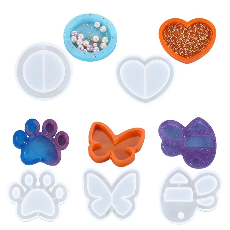 5 Styles Resin Shaker Molds Set Bee Round Heart Cat's Paw Butterfly Epoxy Quicksand Silicone Keychain Pendant Molds Kit