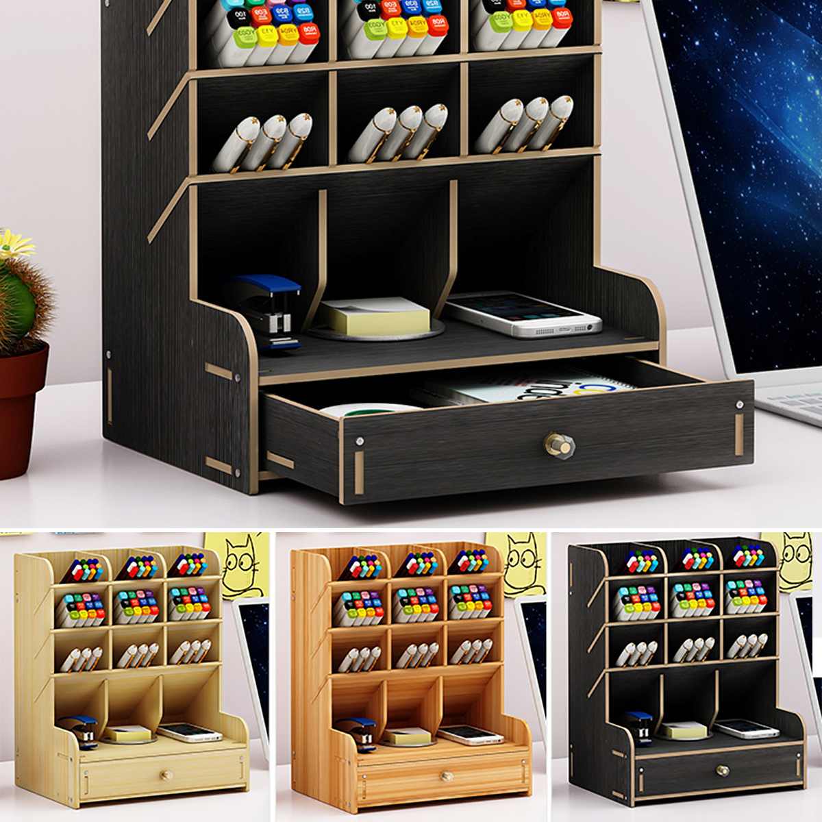 Wooden Multi-function Desktop Pen Holder with drawer Office School Storage Case Desk Pen Pencil Organizer Stationery Storage