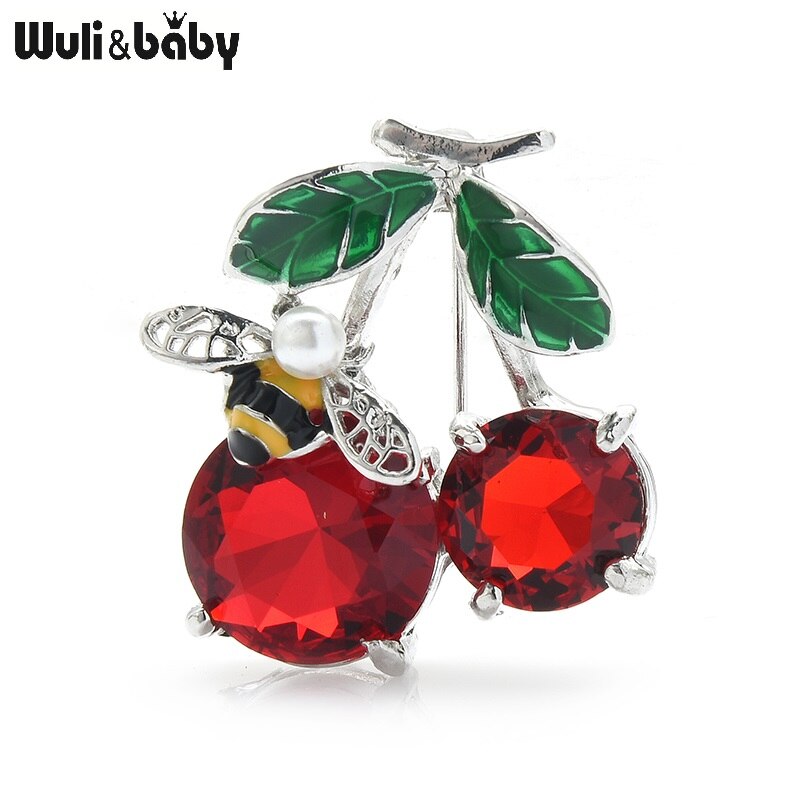 Wuli & del bambino Rosso Ciliegia di Cristallo Spille Per Le Donne Classico Smalto Frutta Matrimoni Casual Ufficio Spilla Spilli Regali: silver