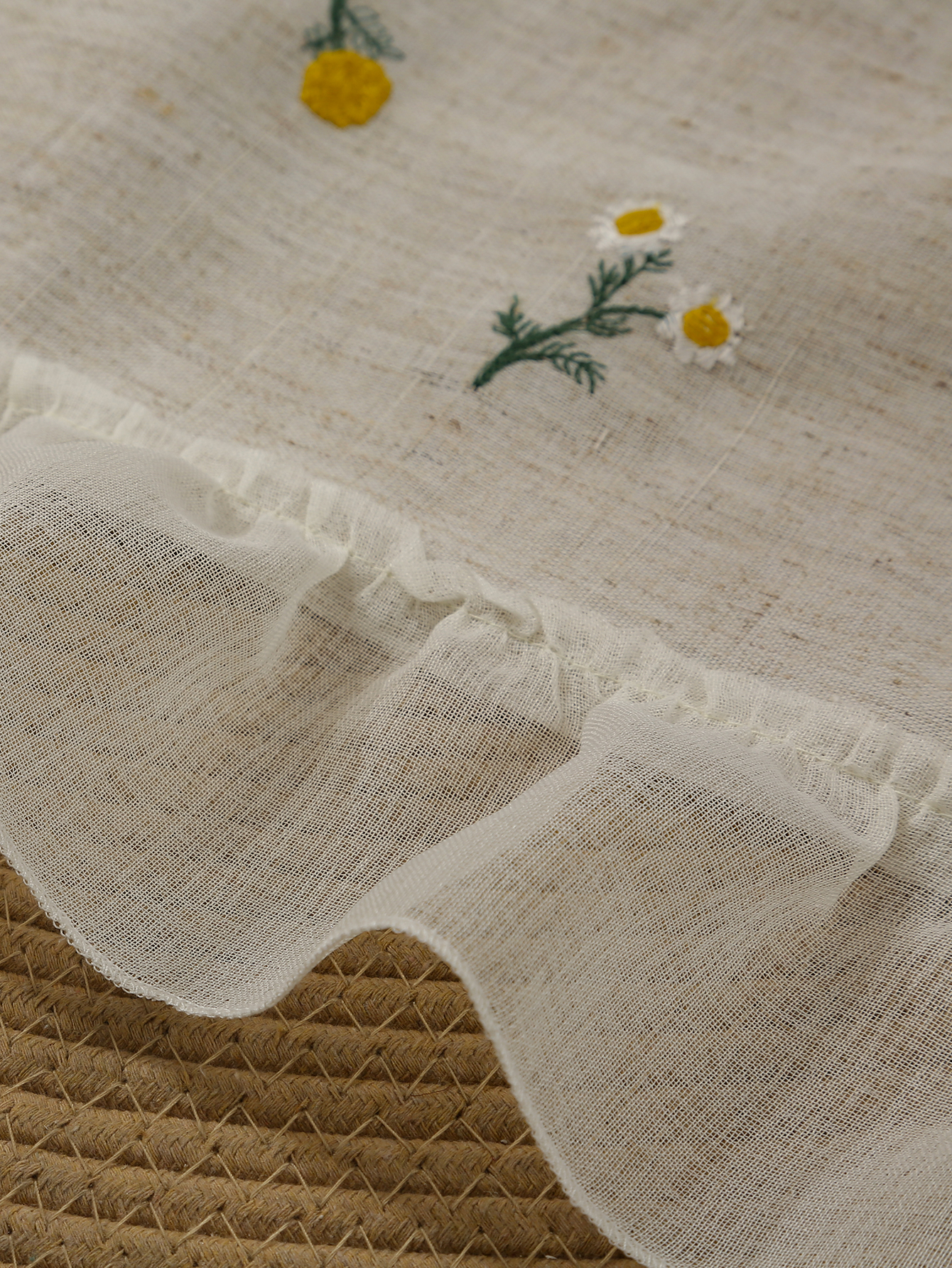 Cortina bordada de lino, cortina pequeña y fresca, cortina rústica para ventana con deriva de viento, cortina corta con sentido ambiental