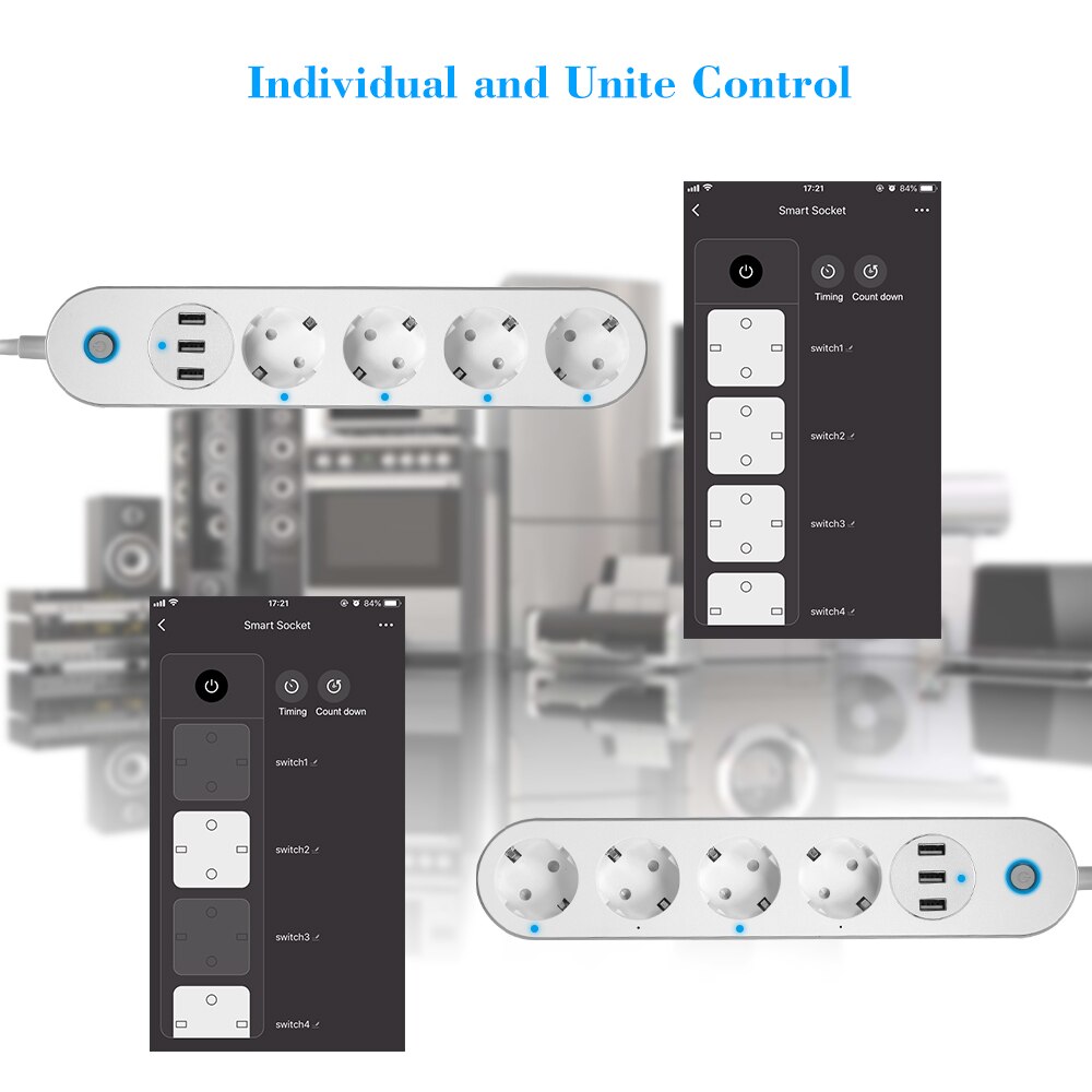 WiFi Smart Power Strip 4 Way AC EU Electric Plug Outlets with USB Socket Timer Switch Homekit Voice Control by Alexa Google Home