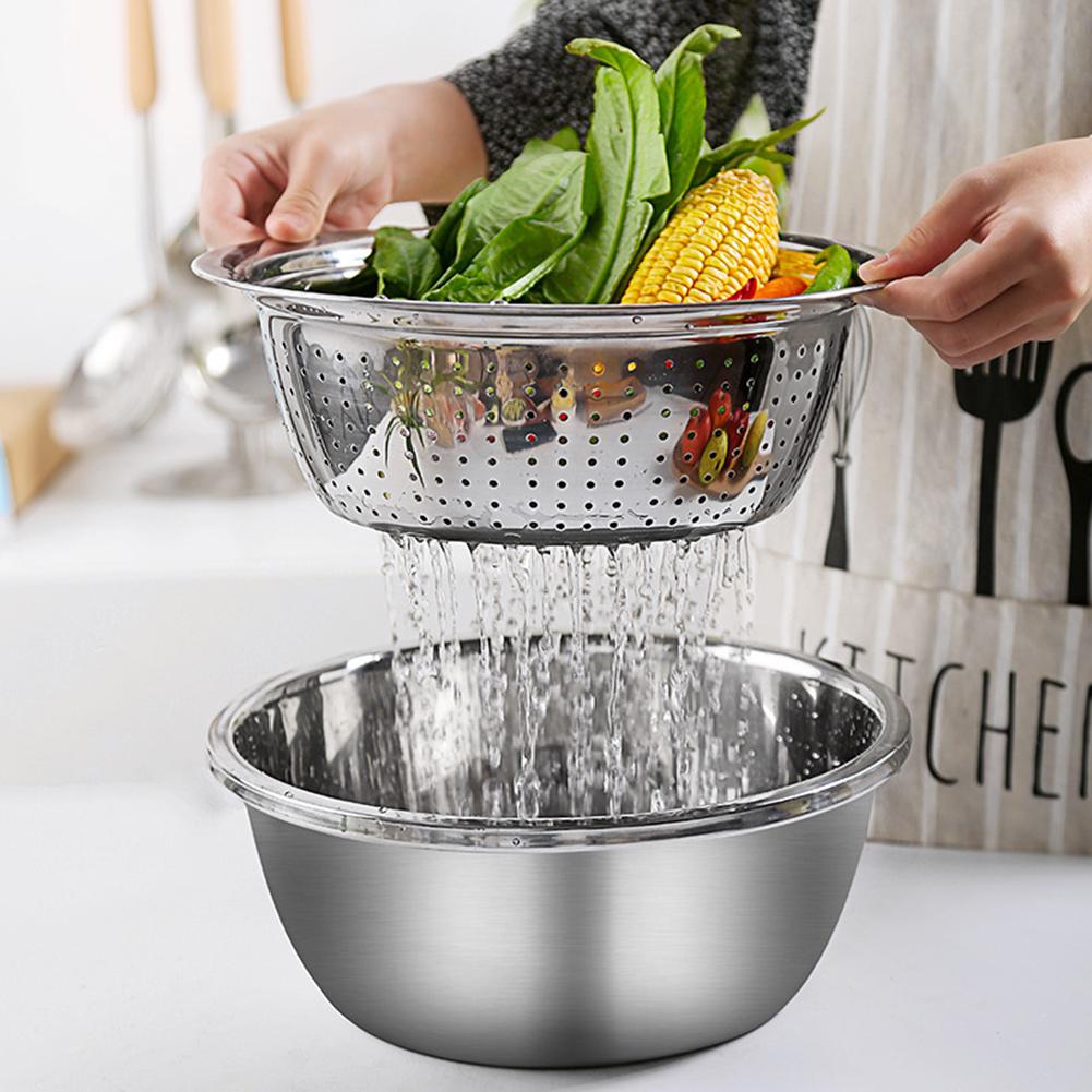 3 Pcs Set Stainless Steel Soup Pot Vegetable Slicer Drain Basket Cheese Grater Rice Washing Filter Kitchen Tool Strainer Basin