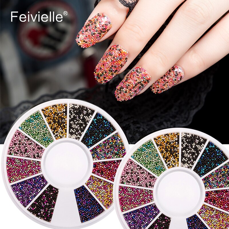 Feivielle 1 Wielen 0.8Mm Gemengde 12 Kleuren Caviar Kralen Diy Nail Manicure 3D Nail Decors Staal Bal Glitter nail Art Decoratie