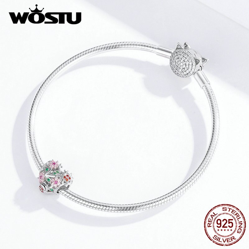 WOSTU 925 Sterling Silver Ladybugs & Flowers Heart Beads Pink Zircon Charm Fit Original Bracelet Necklace Jewelry CTC117