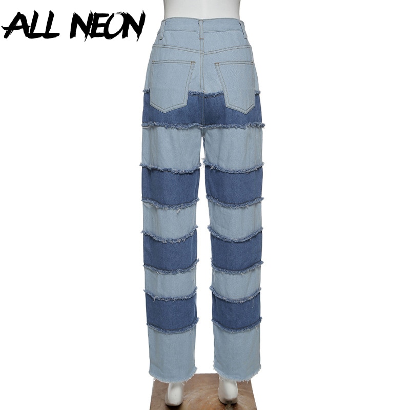 ALLNeon Y2K e-girl parches coser Stitch Jeans para mujeres Hip Hop cintura alta Denim suelta pantalones largos conjunto Streetwear