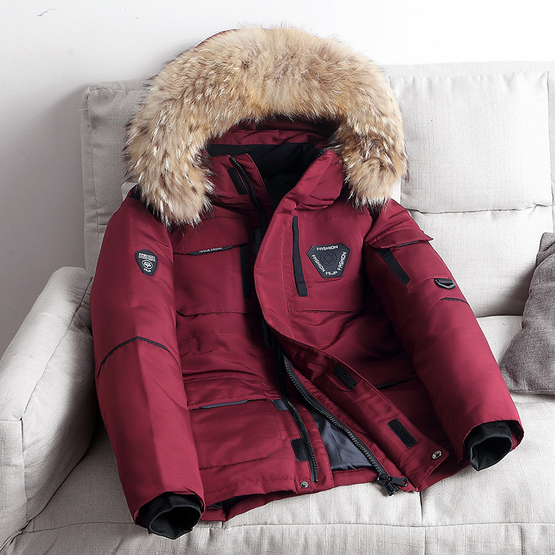 Pälskrage vit andduns vinterjacka herr varm  -30 grader parkas herr vindtät huva tjockare dunjacka med flera fickor