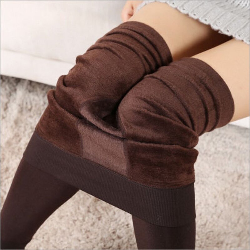 Warm Winter Tights Women's Thick Fleece Lined Thermal Stretchy Clothes Tights Woman Solid Cotton Blend Tights: Coffee