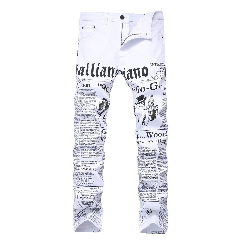 Männer Jeans herbst Denim Hosen Klassische Zeitung knapp gedruckt beiläufige dünne hosen Cowboys Junge Mann weiße Jeans: 40