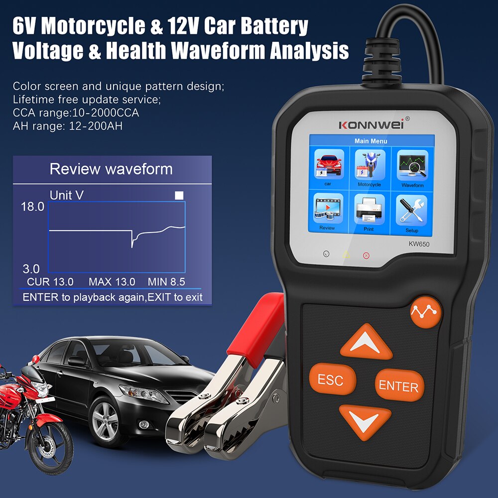 Konnwei KW650 Auto Batterij Tester Voor 6V/12V Analyzer 100 Tot 2000 Cca Auto Quick Zwengelen Opladen tester Batterij Tool