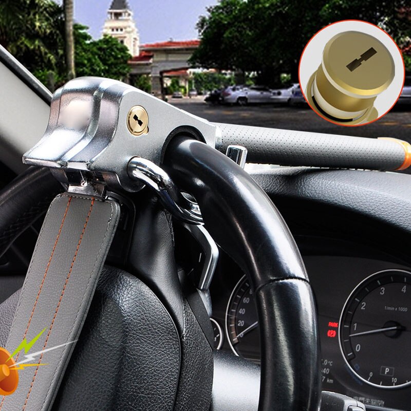 Universal Car Anti-theft Steering Wheel Lock Airbag Alarm with Key Heavy Duty Steel Anti-saw Anti-Pry Retractable Safe Tool Lock: Gray