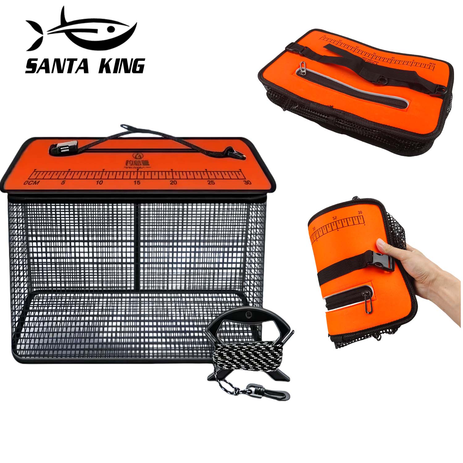 Floating Fishing Basket Collapsible Fishing Net Cage for Live Caught Fish Shrimp Bucket Minnow Trap, 19L/47L，Black/Orange