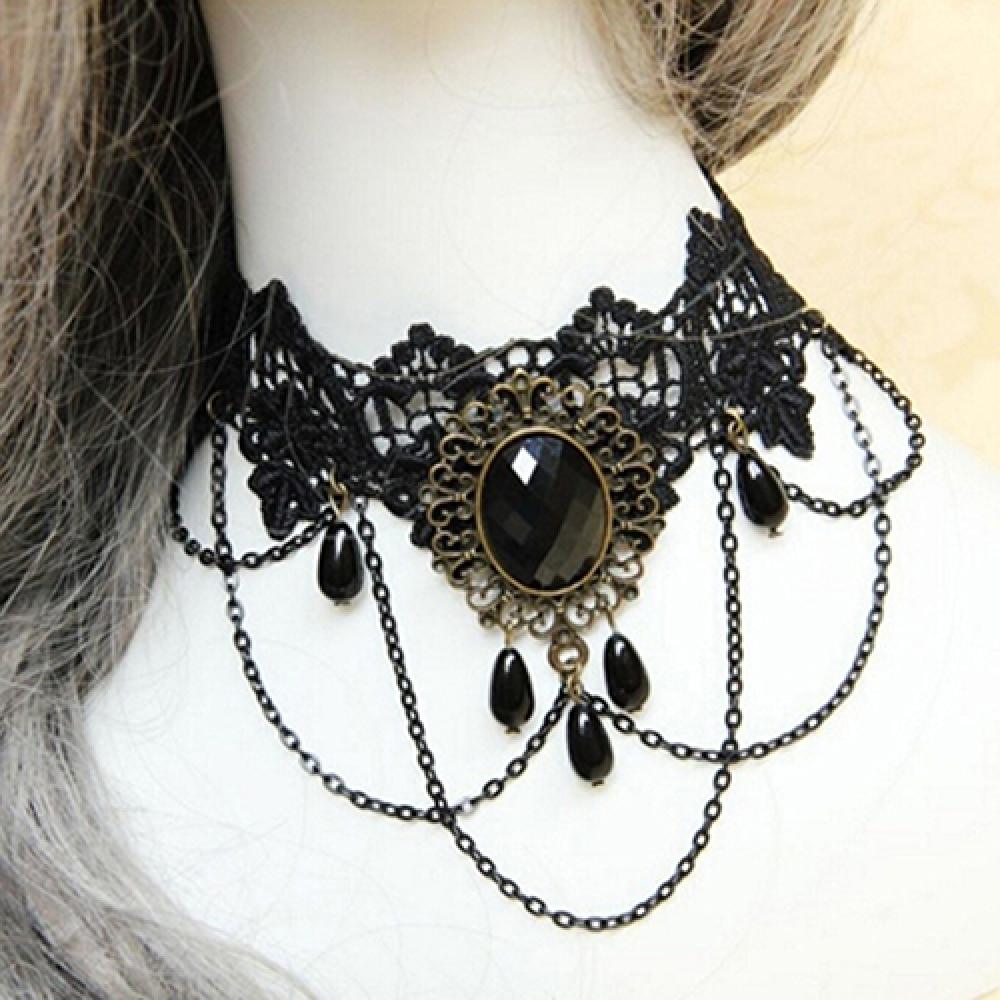 Gargantilla gótica victoriana para mujer, collar de encaje negro, mujer, chica, borla de cristal bohemio, gargantilla de encaje Sexy, joya de Halloween estilo Loli: Rojo