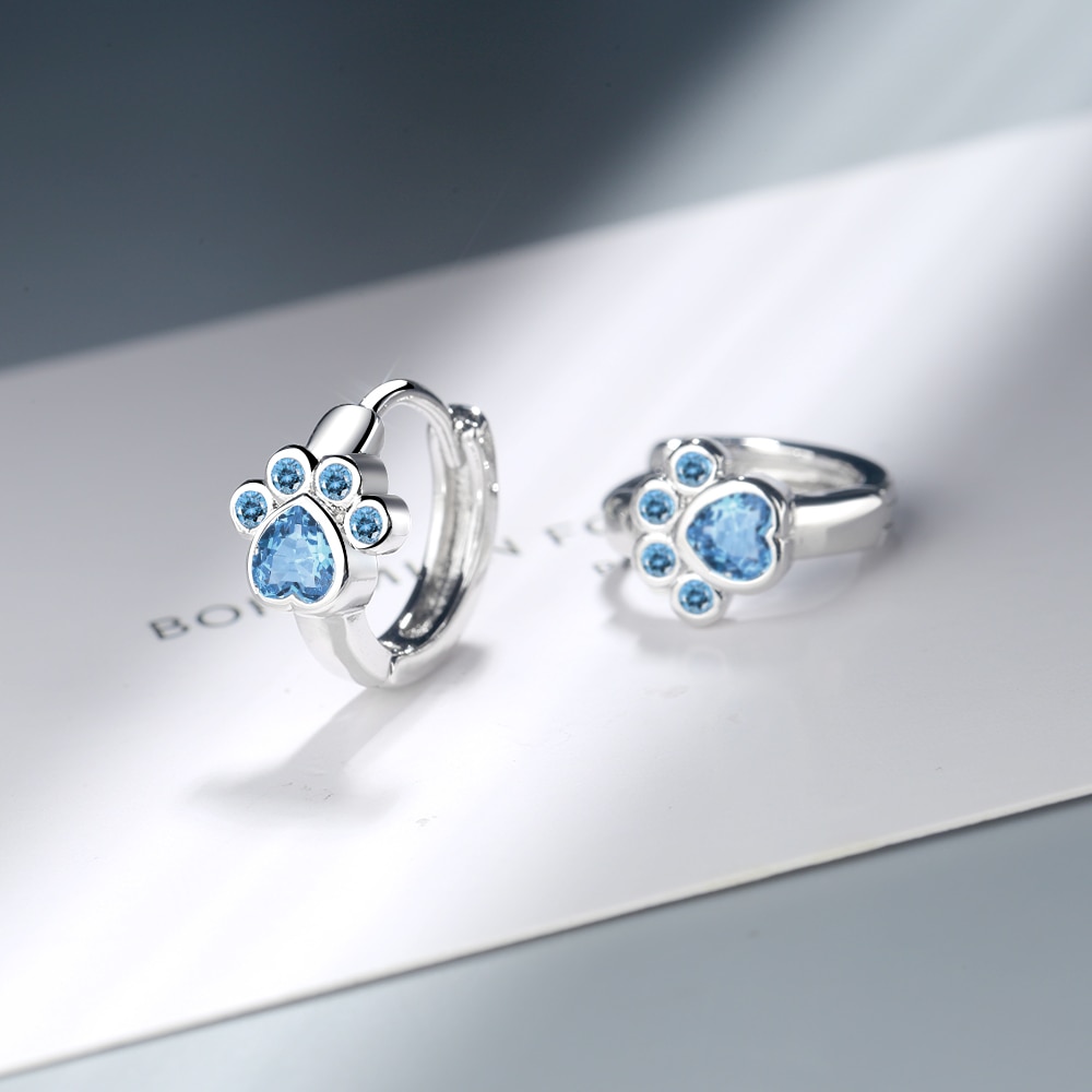 Cute Cat Paw Hoop Earrings Blue Cubic Zircon Earrings For Girls Minimalist Accessories S-E1078