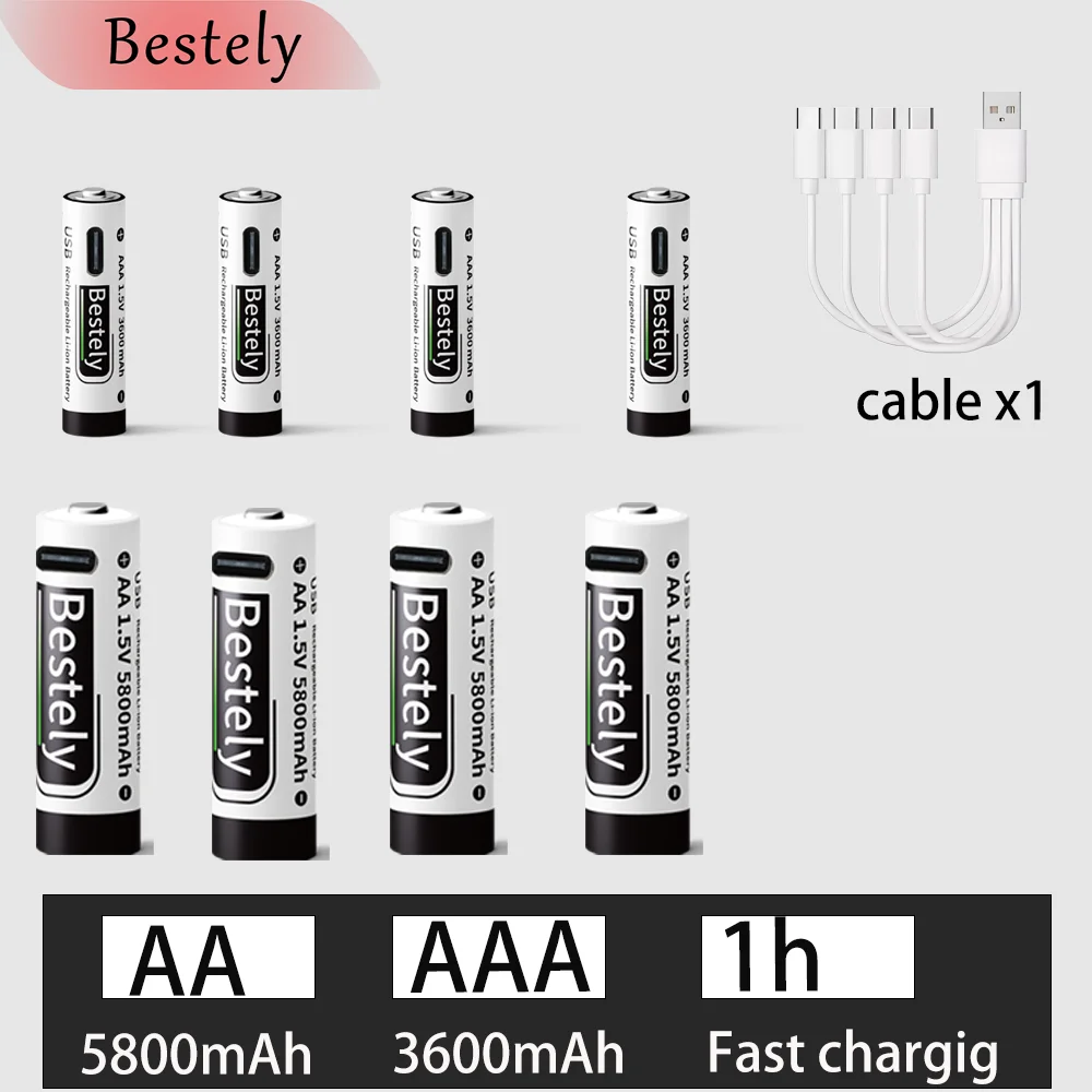 1.5V AA 5800mAh+AAA 3600mAh Lithium rechargeable Battery,USB Fast Charging Li-ion Battery , 2000 Cycles with USB- C Cable: PURPLE