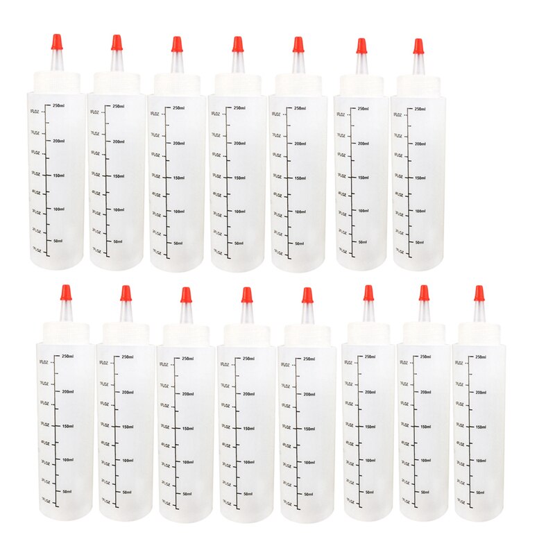 15PCS 250ML Plastic Needle-Nosed Bottle Salad with Scale Squeeze Bottle with Leak-Proof Cap Sauce Squeezable Bottle