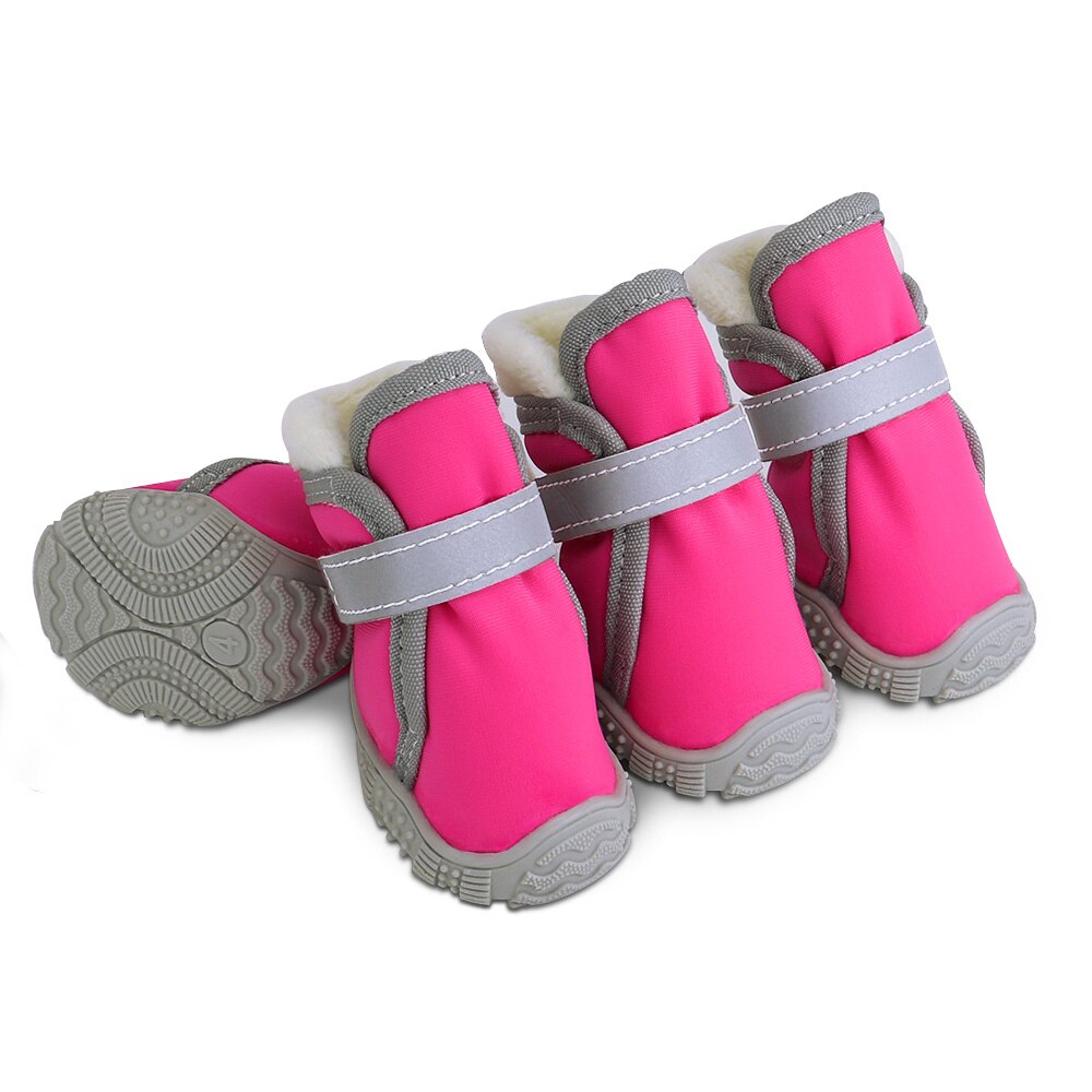 4 Stuks Winter Pet Dog Schoenen Warm Bont Hond Boot Anti Slip Huisdieren Kat Snowboots Waterdichte Reflecterende Honden Schoenen schoeisel Chihuahua: Rose / 4