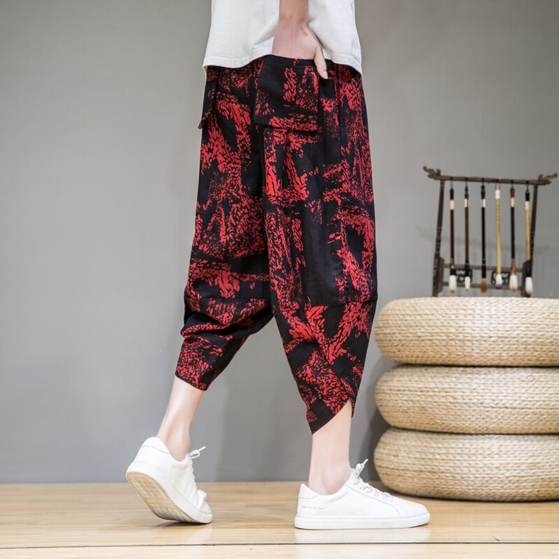 Homme pantalon hommes Large entrejambe sarouel ample grand pantacourt Large jambes Bloomers Style coréen imprimé Baggy Streetwear