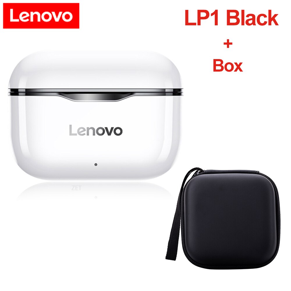 Lenovo LP1 TWS Earphone Bluetooth 5.0 Wireless Headset Waterproof Sport Earbud Noise Cancelling Mic Dual Stereo HIFI Bass Touch: Black add Box