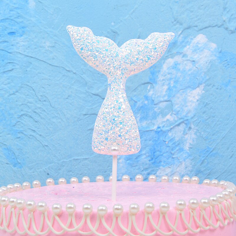 1pc sjöjungfru svans cupcake topper blå lila vit tårta flagga för sjöjungfru födelsedagsfest dekorationer barn flicka favors: Vit