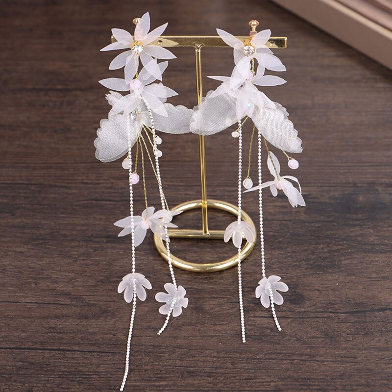 FORSEVEN White Butterfly Flower Beads Long Tassel Headband Earrings Women Headpiece Wedding Accessories Bride Jewelry Sets JL