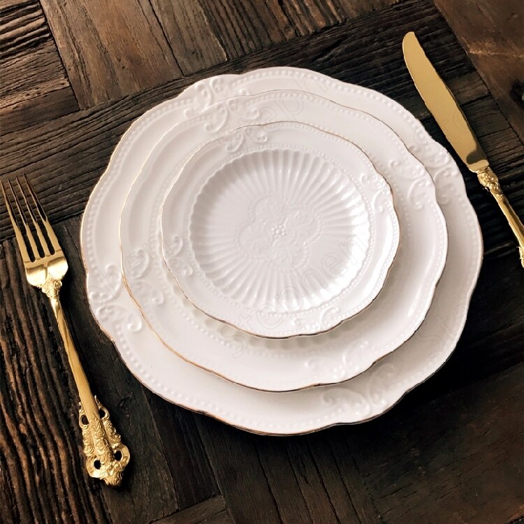 Golden Stroke Dessert Plate Nordic Modern Relief Craft Steak Pasta Dinner Plates Ceramic Carving Cake Fruit Dishes Tableware