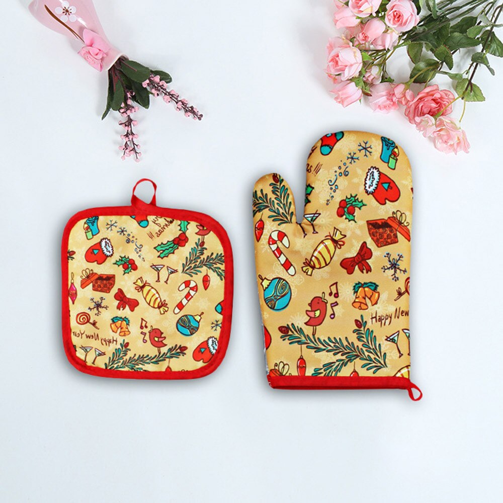 Juego de 2 guantes Anti-calor para hornear navideños, aislante para horno y microondas esterilla, suministro navideño, manoplas y estera para barbacoa, cocina casera: E