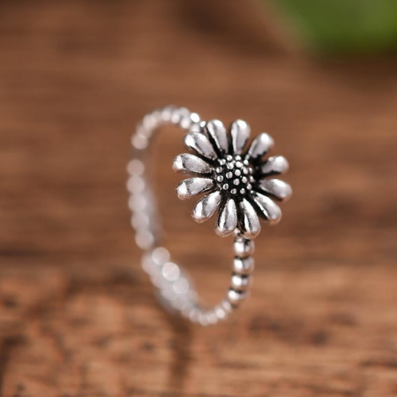 Retro Sunflower 925 Sterling Silver Literary Flower Sweet Temperament Personality Female Resizable Opening Rings SRI074