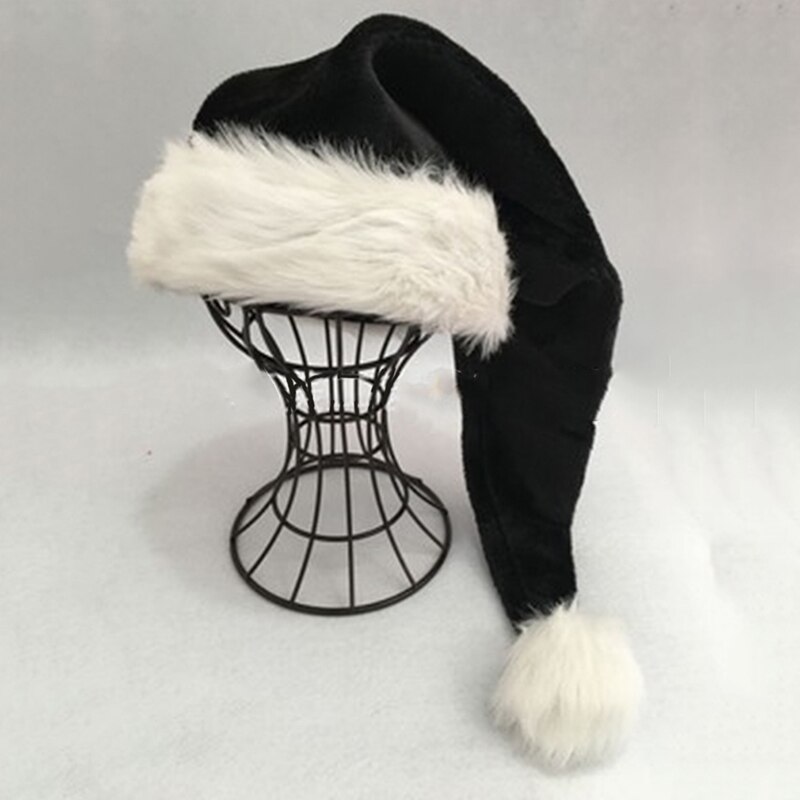 75Cm Volwassen Zwarte Pluche Lange Kerst Hoed Xmas Kostuum Pompom Kerstman Cap