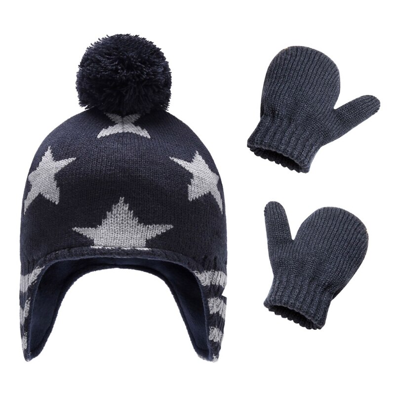 Baby gebreide muts handschoenen set ski winter muts muts met warme oorflap wanten: 1