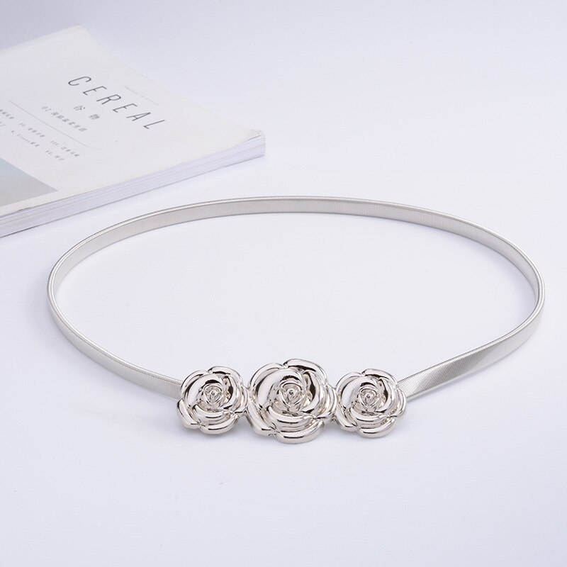 Ceinture avec boucle métallique élastique pour femmes, tenue avec chaîne or/argent, feuilles de fleurs: style 2 silver