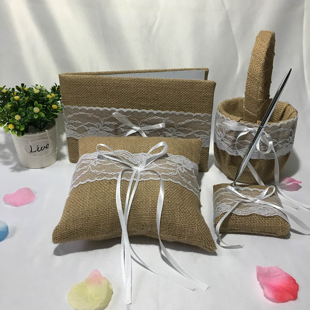 1 set gästbok penna stativ ring kudde blomma korg bröllopsfest bärbar dekoration hogard