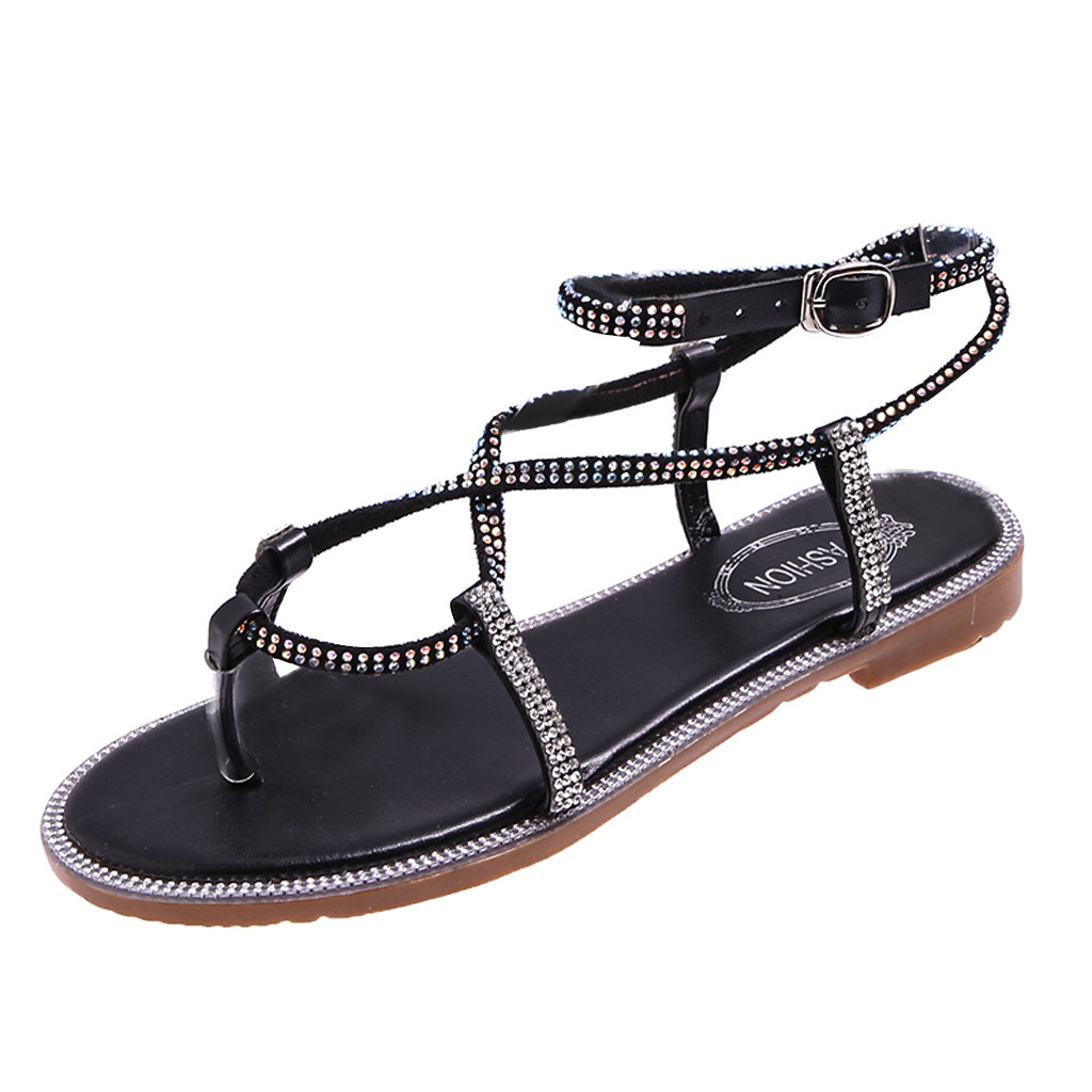 SAGACE Summer women's sandals Korean version of the wild flat bottom pin open toe cross winding straps rhinestones Roman sandals