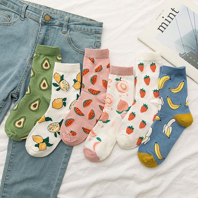 Dessin animé fruits coton chaussettes pastèque citron fraise banane avocat femmes chaussettes féminine Streetwear chaussettes été automne