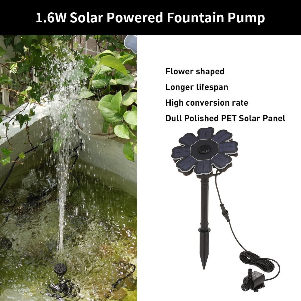 1.6W Solar Water Pump Solar Powered Fountain Pump for Bird Bath Flower Shaped Solar Panel with Stake Solar Powered