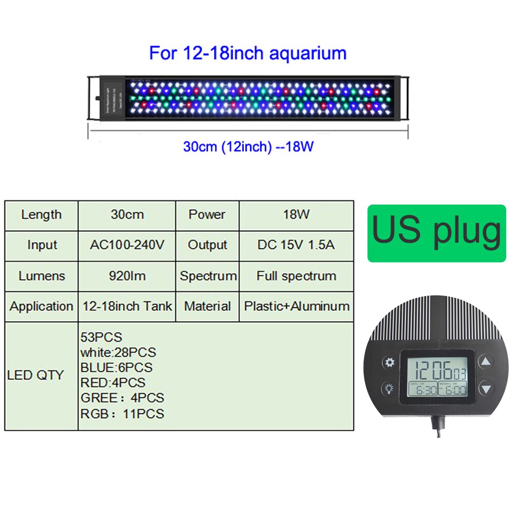 12-18-24inch Full Spectrum Aquarium LED Light Waterproof Programmable Dimmer Auto ON/OFF Timer Freshwater Lamp For Aquatic Plant: 12-18inch US