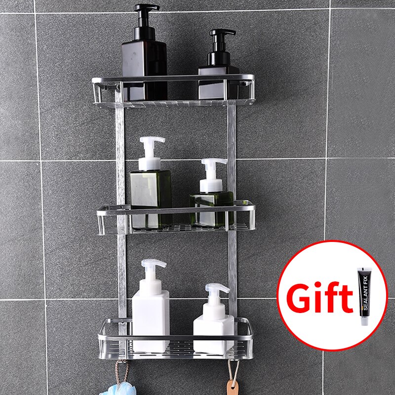 Bathroom Shelf Organizer Space Aluminum Kitchen Khelf Storage No Punching Shower Wall Shelves Caddy Waterproof Shampoo Holder: 3 layer  silver
