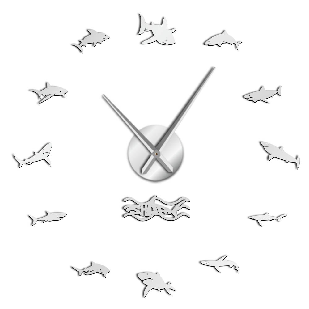 Ocean Sharks Wall Stickers Large Wall Clock Marine life great white shark Kids Bedroom DIY 3D Decoration Wall Clock: Silver / 47inch
