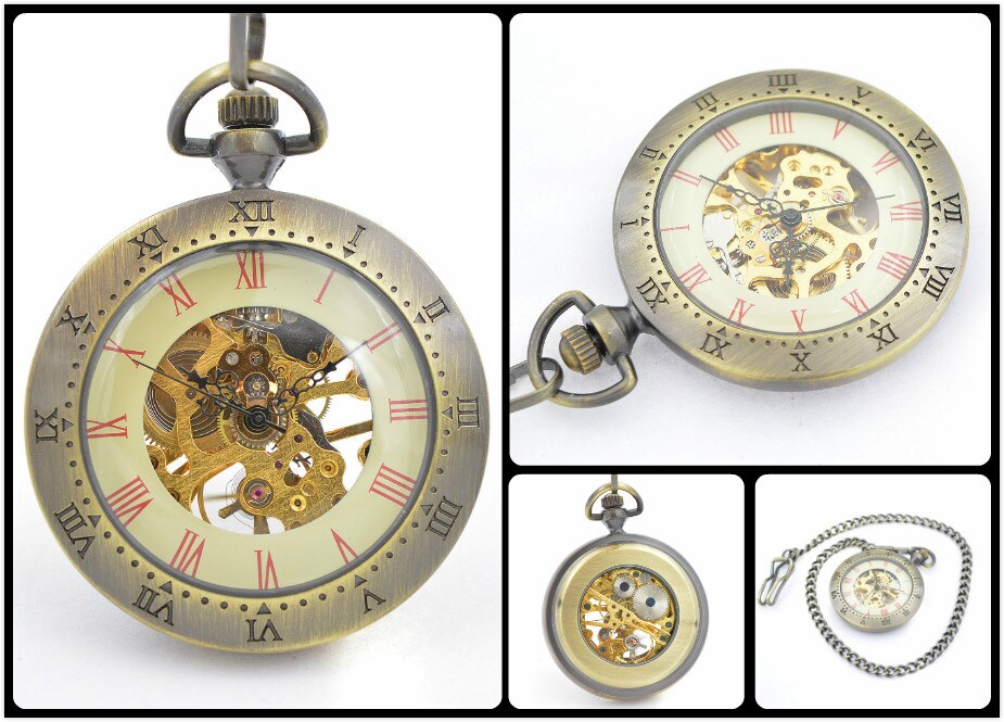 SHUHANG Mens Skeleton Zakhorloge Mechanische Beweging Hand Wind Romeinse Cijfers Vintage Stijl Reloj De Bolsillo: H165