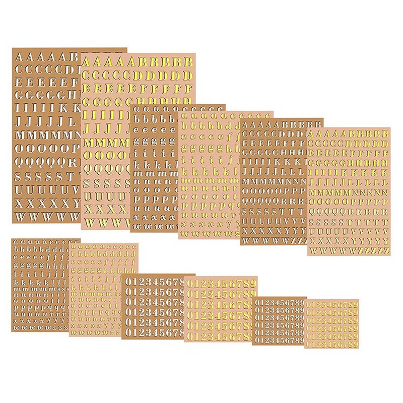 12 Sheets Letter Resin Stickers, Small Alphabet Number Stickers, Alloy, Self Adhesive, Gold and Silver, 3mm/4.5mm Tall: Default Title