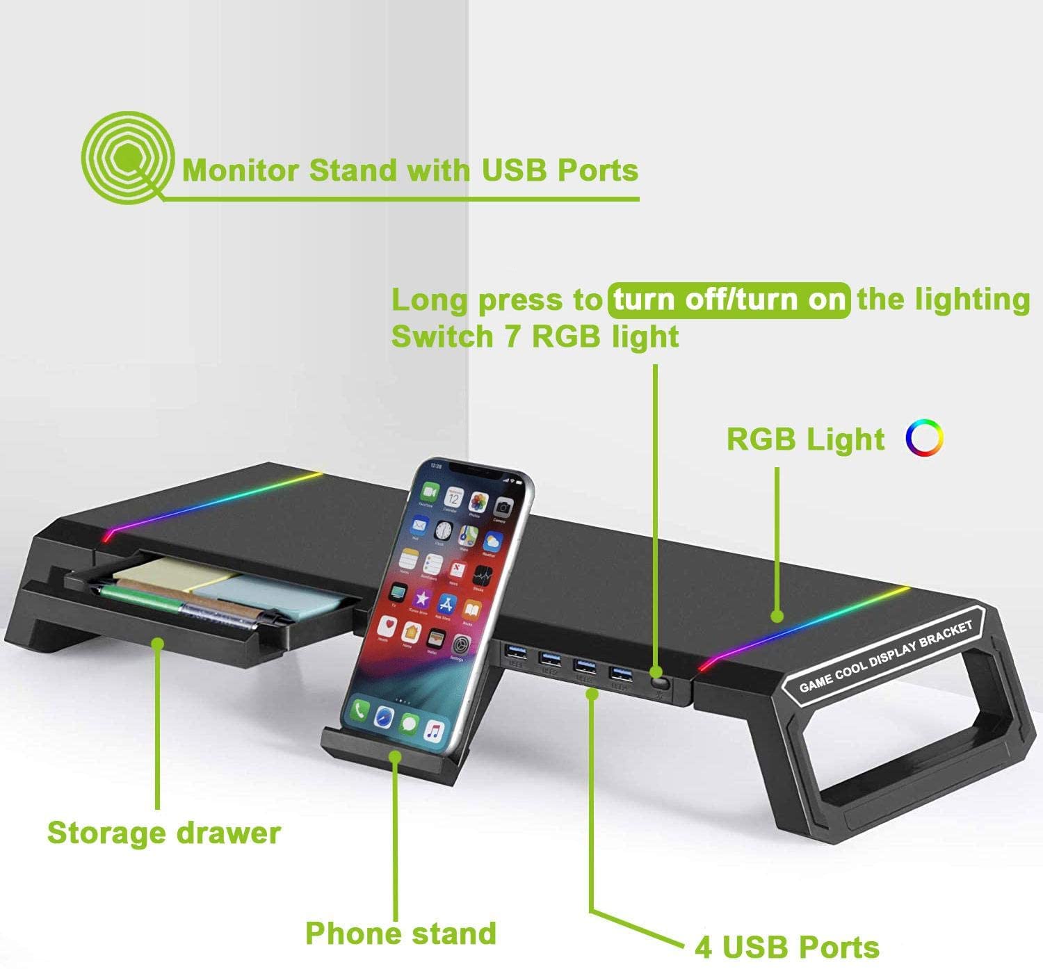 Monitor Stand Riser Foldable, RGB Computer Monitor Riser with 4Pcs USB Port, with Cell Phone Holder