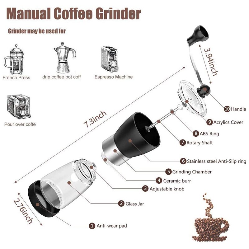 Handmatige koffiemolen, instelbare conische braammolen, draagbare koffiemolen met 5.5 oz heldere glazen potten