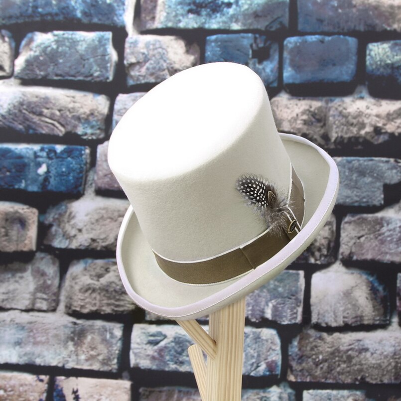 GEMVIE 17cm 100% wełna czuł biały szczyt kapelusz ręcznie pióro cylinder kapelusz dla mężczyzn/kobiety szalony kapelusznik kostium fedora magiczny kapelusz cylinder