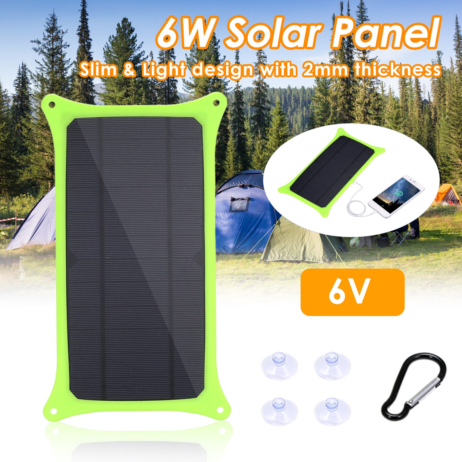 6W 6V Solar Panel with USB Port Monocrystalline Silicon Solar Cell for Outdoor Camping Climbing Hiking Travel Solar Panel