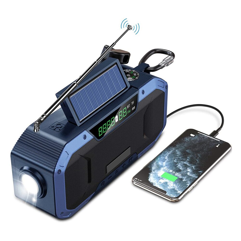Radio de mano multifuncional con manivela Solar, Altavoz Bluetooth, AM/FM, Radio Meteorológica, linterna de emergencia, cargador de batería, 5000mAh