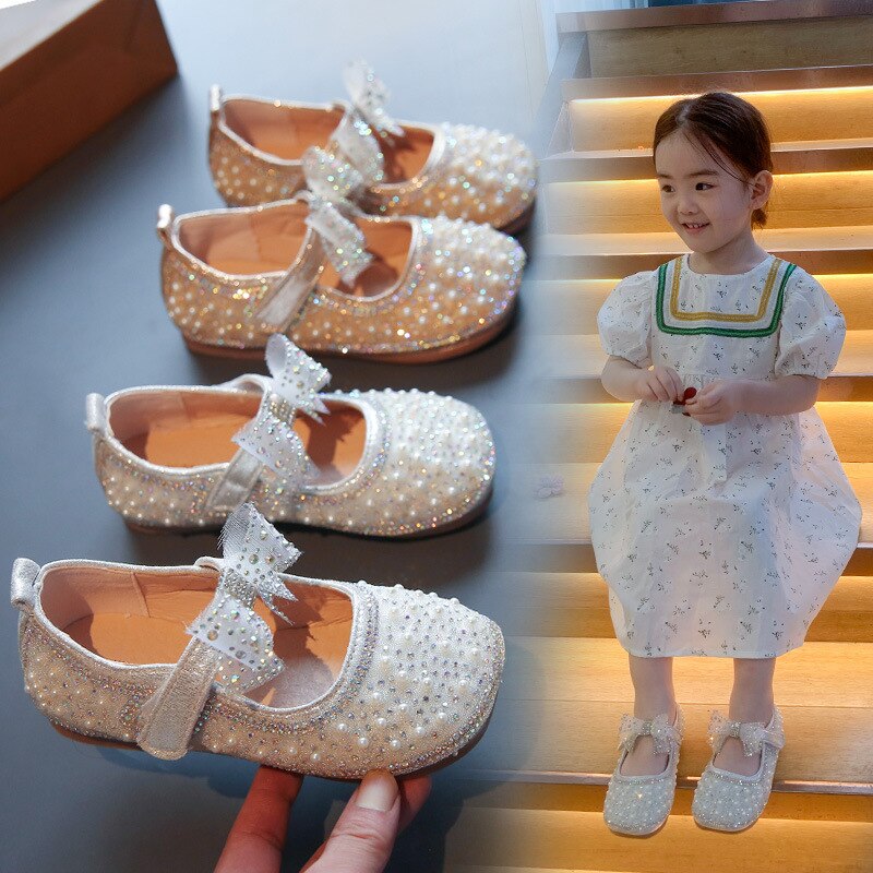 Girl's Princess Shoes Children's Bow Rhinestone Leather Kids Shoe 2022 Baby Girls Party Student Flat Shoes E584