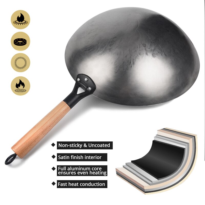 Chinese Wok Uncoated Non-stick Wok Steak and Egg Frying Pan Removable Wooden Handle Dishwasher Completely Kitchen Cookware