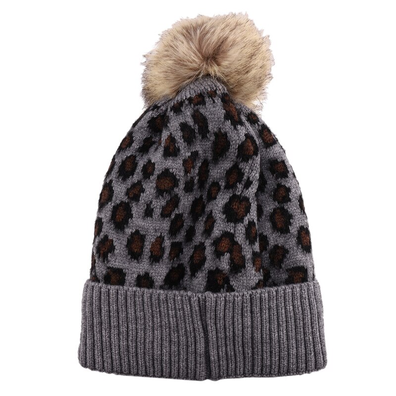 Cappello leopardato a tesa larga in lana morbida autunno e inverno da donna, stampa leopardata e palla di peluche: grigio